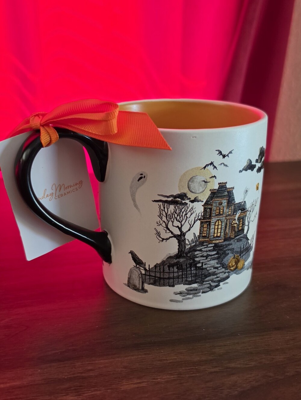 Haunted House Ceramic Coffee Mug With Ghosts & Bats By Sunday Morning Ceramics